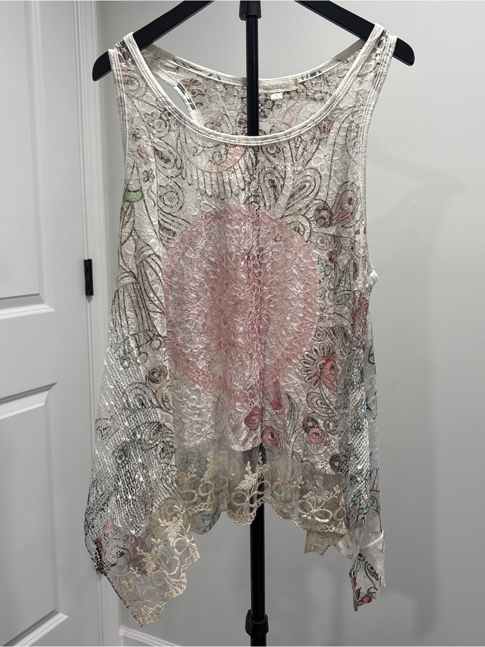 Embroidered Sheer Lace Camisole Tank - Pink & Cream